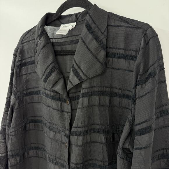 Coldwater Creek 2X Black Crepe Velvet Burnout Stripe Button Up Tunic Boxy Artsy - Picture 6 of 9